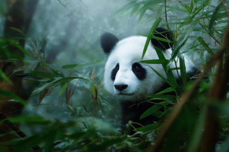 Panda bear in a bamboo forest in foggy weatherの素材