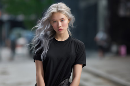 Portrait of a beautiful young blonde woman in a black T-shirt on the streetの素材