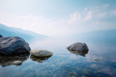 Landscape of mountain lake with stones in water. Nature composition.の素材