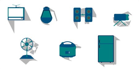 illustration vector graphic of flat design icon set home electronics tv, lamp, speaker, camera, fan, rice cooker, refrigerator with abstract shadow on white background. Fit for sign symbol, logo.のイラスト素材