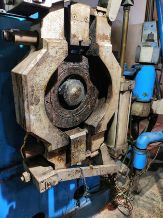 Old extruder in a factory, close-up of photo. repair machine, repair screw on extruder.