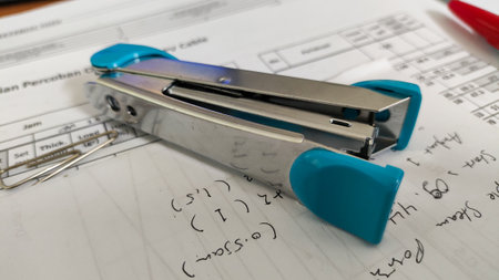 office stapler on a sheet of paper with numbers and lettersの写真素材