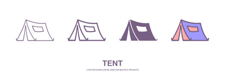 Four different styles of tent or camp travel vector icons that can be used for many projects, like web design, app etc. which is isolated on a white background.のイラスト素材