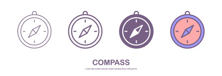 Four different styles of compass vector icons that can be used for many projects, like web design, app etc. which is isolated on a white background.のイラスト素材