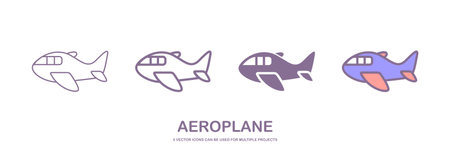 Four different styles of aeroplane, airplane or aircraft vector icons that can be used for many projects, like web design, app etc. which is isolated on a white background.のイラスト素材