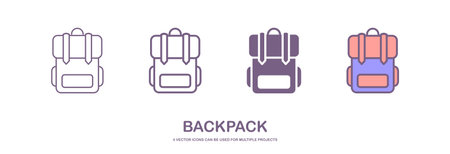 Big set school backpack, sport and travel bag different shape flat icon isolated on white backgroundのイラスト素材