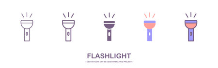 Flashlight flat icon with a bright beam. Electric lamp battery powered. Pocket flashlight. Light source. Vector illustration flat design. Isolated on white background.のイラスト素材