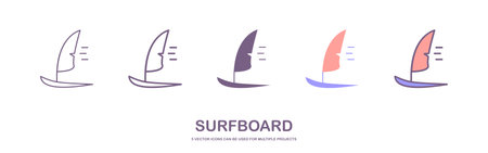 Cartoon surf board for wave, Surfboard front, top and side view. Surfer for water sport. surfing emblems, icon and label. Surfboards symbol. summer beach activity, surfing on sea wのイラスト素材