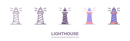 Lighthouse icons set. Outline set of lighthouse vector icons for web design. isolated on white background.のイラスト素材