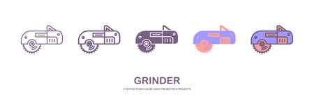 Flat vector icon of circular saw with steel toothed disc. Electric hand tool for cutting wood or metal. Building equipmentのイラスト素材