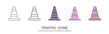 Road cone orange and striped, realistic flat vector illustration isolated on white background. Traffic cone as sign of construction work or car accident. Concepts of caution.のイラスト素材