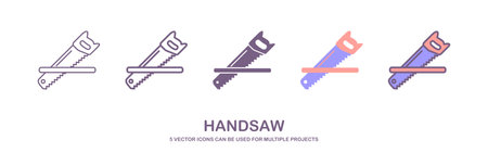 Vector set of realistic hacksaw icons. Saw for garden. handsaw illustration, metal, wood and aerated concrete. vector illustrationのイラスト素材