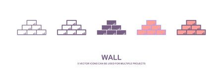 Wall icon of 5 types. brick icon vector. Isolated vector sign symbol. Brick wall icon vector, filled flat sign, solid pictogram isolated on white. Symbol, logo illustration.のイラスト素材