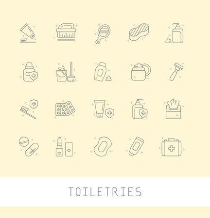 Vector travel toiletries icons. Editable icons. Toothbrush shampoo conditioner deodorant  moisturizer hand cream facial cleanser sunscreen razor soap mirror nail. isolated on whiteのイラスト素材