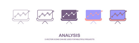 Data analysis icons. Set of flat icons on the theme of market analysis, graphs, charts, growth, a set of icons with 5 different stylesのイラスト素材