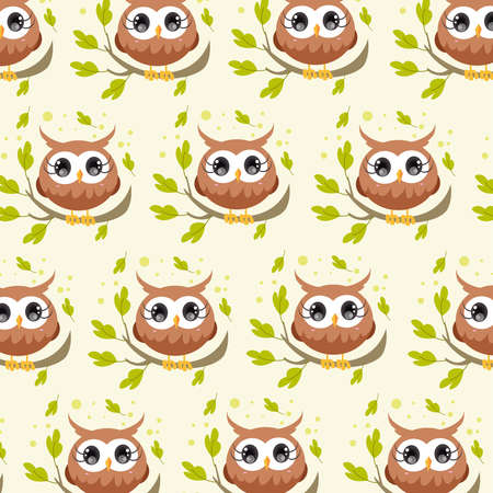 Seamless pattern with cute owls on a bright backgroundの写真素材