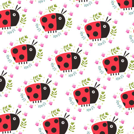 Cute beetle seamless pattern decorated with leaves and leaves. pattern For valentine,bed sheets, cover bed, baby pajamas, print, packaging, decoration, wallpaper and designのイラスト素材