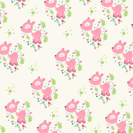Seamless pattern. Portrait of cute pink mouse deer with love and flowers. pattern For valentine,bed sheets, cover bed, baby pajamas, print, packaging, decoration, wallpaper and designのイラスト素材