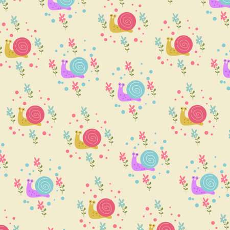 Seamless pattern. cute colorful snails. pattern For valentine,bed sheets, cover bed, baby pajamas, print, packaging, decoration, wallpaper and designのイラスト素材