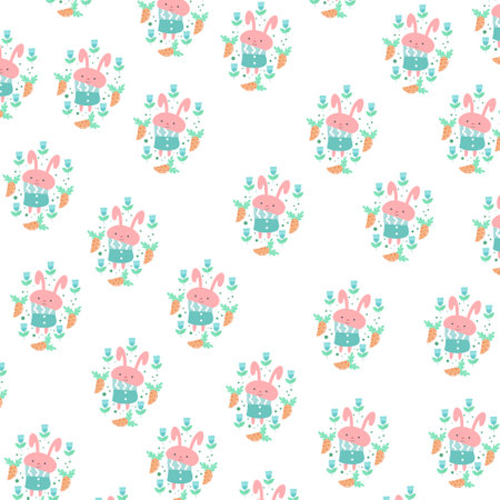 Seamless pattern. Portrait of cute bunny with carrots and flowers. pattern For valentine,bed sheets, cover bed, baby pajamas, print, packaging, decoration, wallpaper and designのイラスト素材