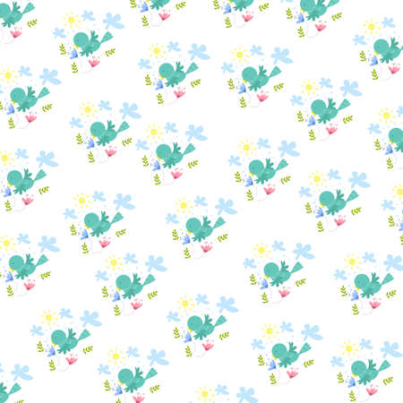 Seamless pattern. Portrait of a bird with flowers, leaves and sun. pattern For valentine, print, packaging, decoration, wallpaper and designのイラスト素材