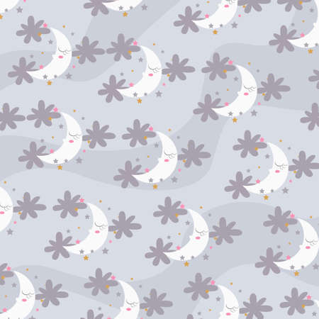 cute crescent moon pattern decorated with clouds around. pattern For valentine, print, 
packaging, decoration, wallpaper and design, case phone, bed cover, pajamas, child pajamasのイラスト素材