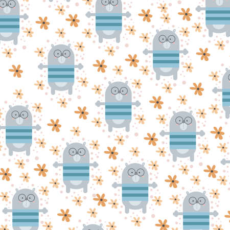 cute bear pattern in glasses standing among flowers. pattern For valentine, print, 
packaging, decoration, wallpaper and design, case phone, bed cover, pajamas, child pajamasのイラスト素材