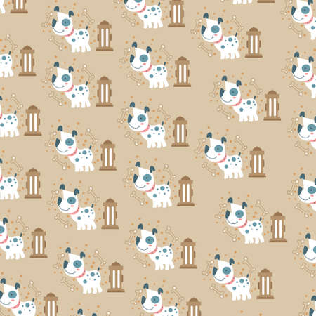 Cute pattern with dalmatian purebred dog on light brown background with fire hydrant and bones. Can be used for packaging, wrapping paper, textiles and others.のイラスト素材