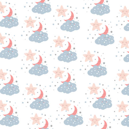 children's pattern. baby stars, Moon, cloud, gray, pink, red texture. suitable for a nursery, wrapping paper, wallpaper, baby shower, notebooks, office supplies. vector illustration.のイラスト素材