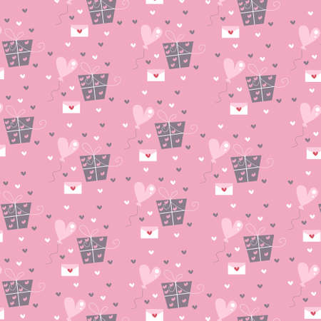 romantic delicate pattern with Gift boxes and heart shape balloons, love letters, twigs, candy, hearts. Vector illustration background in pink, gray and white colorsのイラスト素材