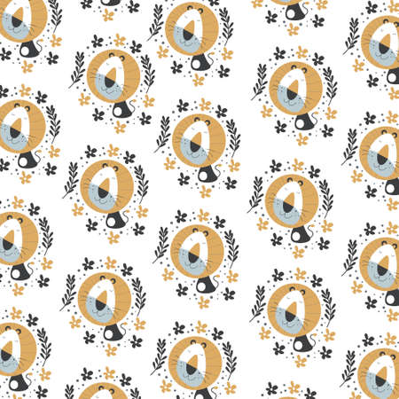 Cute baby pattern with lion leaves and flowers. Cute background in vectorのイラスト素材