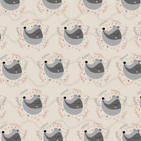 cute squirrel head pattern. cartoon background, hand drawn forest background with flowers and dots vector illustrationのイラスト素材