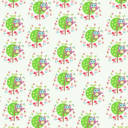 cute owl pattern perched. Vector texture in childish style great for fabric and textile, wallpapers, web page backgrounds, cards and banners designのイラスト素材