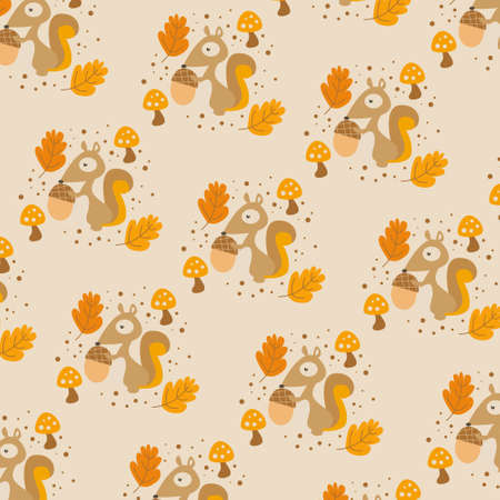squirrel pattern with acorn nuts vector. Template for ecological fabric design, cover, background, packageのイラスト素材