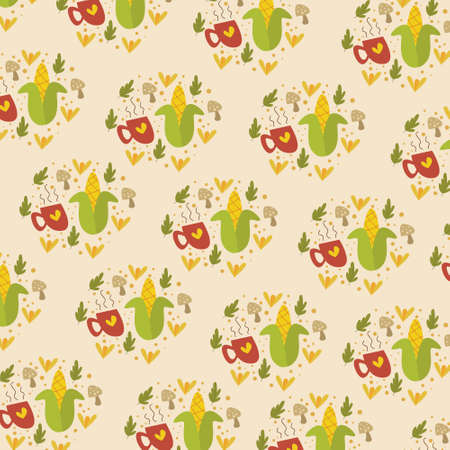 Corn, leaf and mushroom vegetable shape vector pattern. vector illustration designのイラスト素材