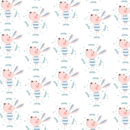 Seamless childish pattern with cute bunny. Creative kids textures for fabric, wrapping, textile, wallpaper, clothes. Vector illustrationのイラスト素材