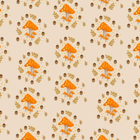 Mushroom pattern, family sketch of seamless pattern with leaves and seeds. Cartoon vector illustration. Cute graphic background. Print for kids. Scandinavian design for a small nursery.のイラスト素材