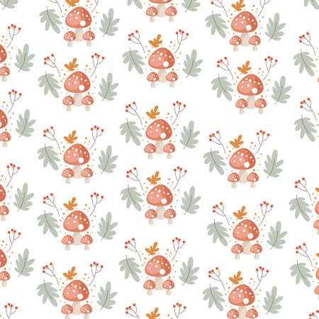 Fly agaric mushrooms and boletus. Background vector patternのイラスト素材