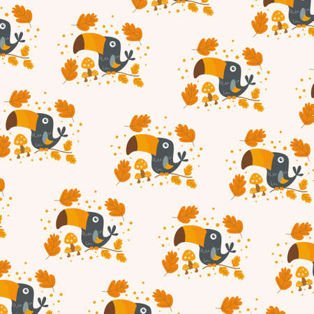 pattern with cute cartoon toucan bird on branch. Vector illustration for wallpaper, fabric, textile. Summer exotic print. Tropical toucan with brown leaves and mushroomsのイラスト素材