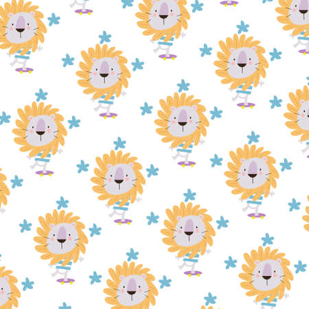 Lion and stars, hand drawn background. Colorful vector pattern with cute wild animals. Decorative cute wallpaper, great for printing. Overlapping background vectorのイラスト素材