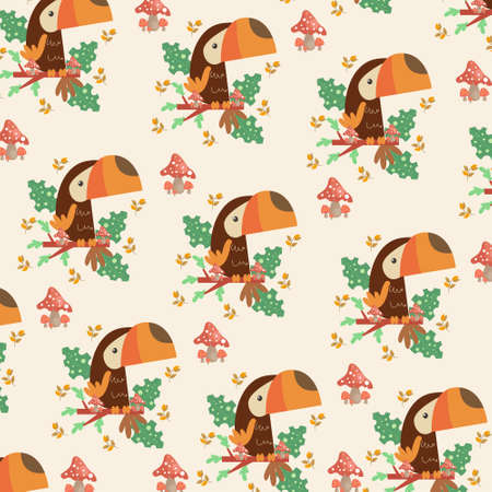 pattern with cute cartoon toucan bird on branch. Vector illustration for wallpaper, fabric, textile. Summer exotic print. Tropical toucan with stalks and leaves.のイラスト素材