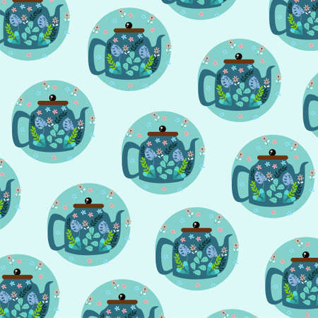 Illustration of an antique teapot with leaves. The teapot pattern is tea timeのイラスト素材