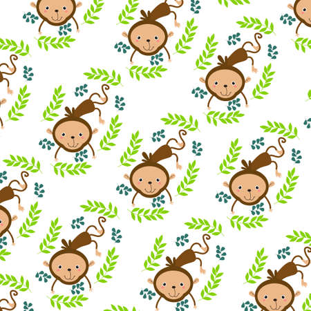 Pattern with cute monkey behavior and leaves decorationのイラスト素材