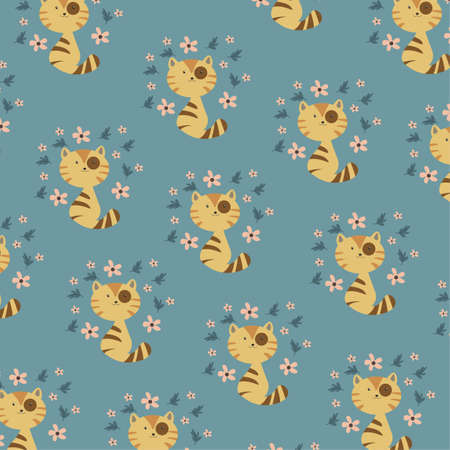 Cute cat vector pattern with flowers. cat cartoon. Winter themed blue background print.のイラスト素材