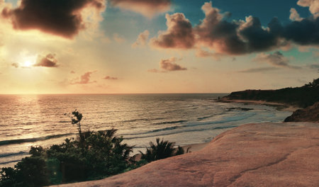 Beautiful sunset over the ocean in Sri Lanka. panoramic viewの写真素材