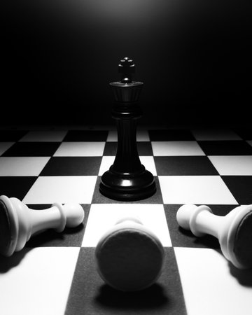 Black and white chess pieces on a chessboard. Black and white photo.の写真素材