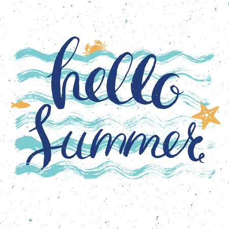 hello summer post card with lettering on blue wavy backgroundのイラスト素材