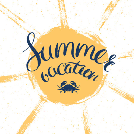 summer vacation card, card for summer holidays with hand drawn lettering and sunのイラスト素材