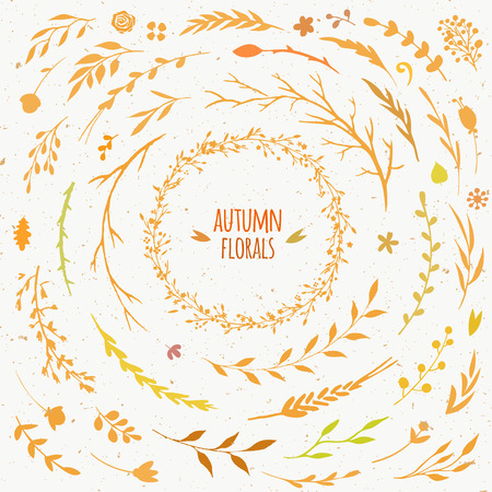rustic autumn collection, vector floral set with leaves, flowers, branches and sticks, autumn wreath with golden and yellow leavesのイラスト素材