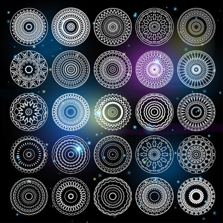 set of vector mandalas, sacred geometry collection, round ethnic ornaments on a starry sky backgroundのイラスト素材